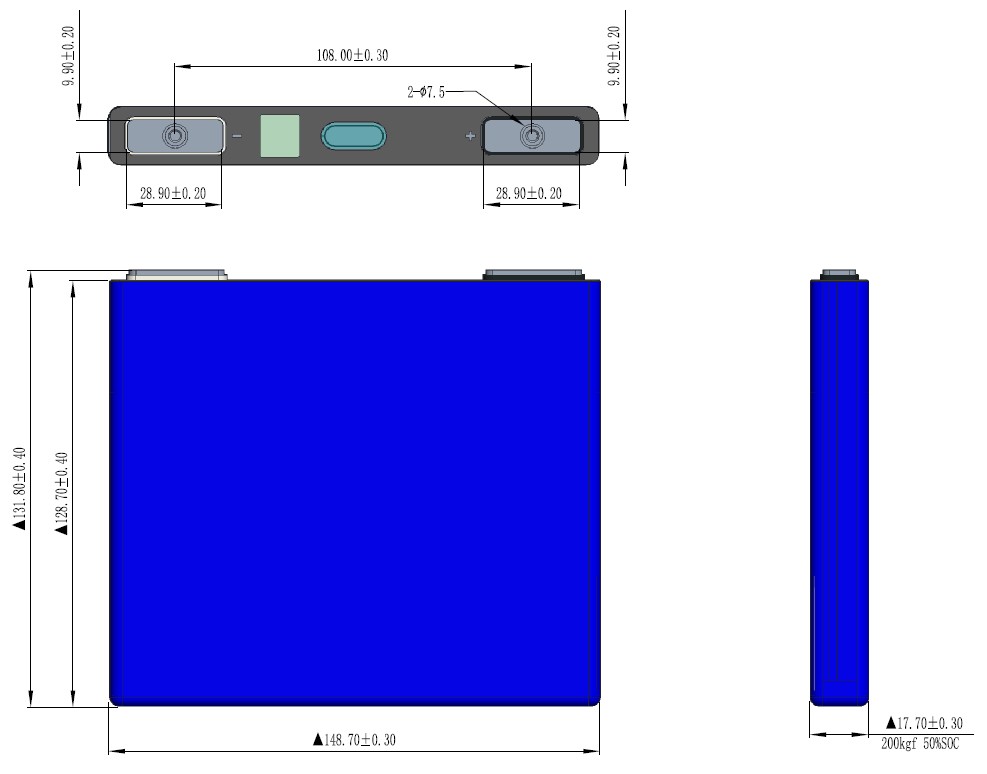 Dimension of EVE LF22K 3.2V 22Ah LiFePO4 Battery
