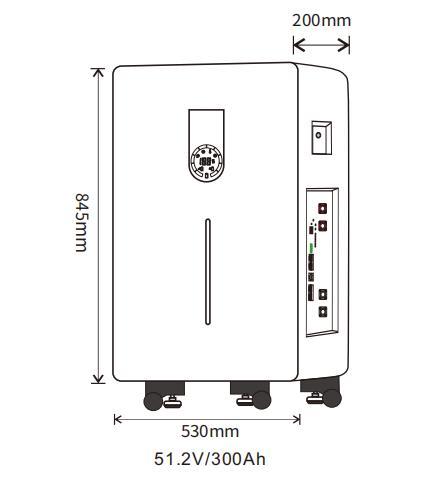 Product drawing of 51.2V 300Ah Vertical Household Residential LiFePO4 Energy Storage Battery