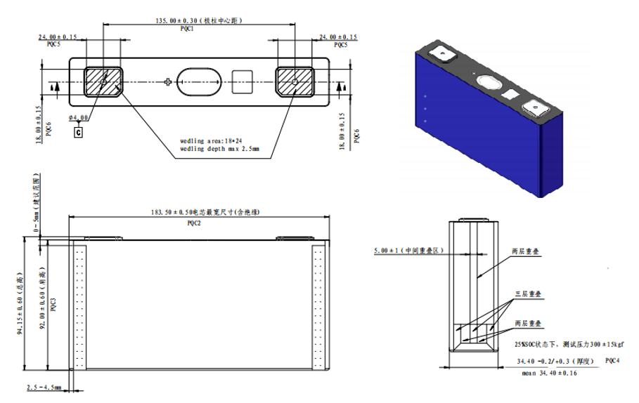 Dimension of REPT 3.2V 65Ah LiFePO4 Battery