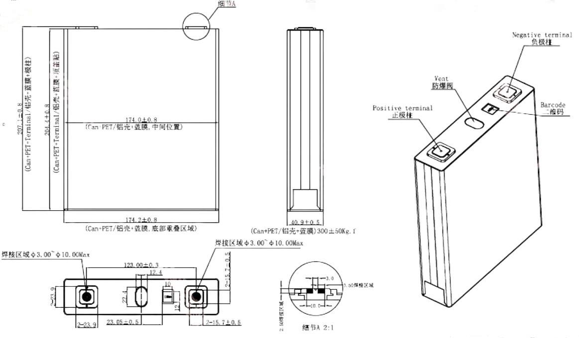 dimension of ganfeng 3.2v 314ah lifepo4 battery
