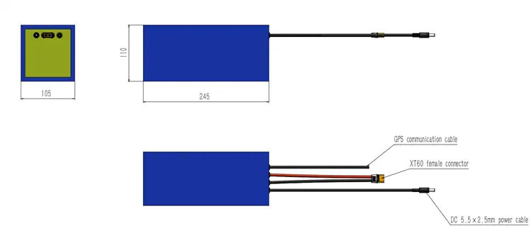 dimensions and details of 12.8V 43.4Ah LiFePO4 battery pack