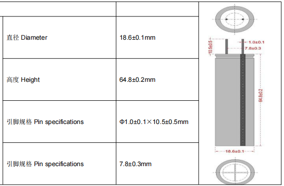 2.4V 1300mAh LTO Cell Dimension