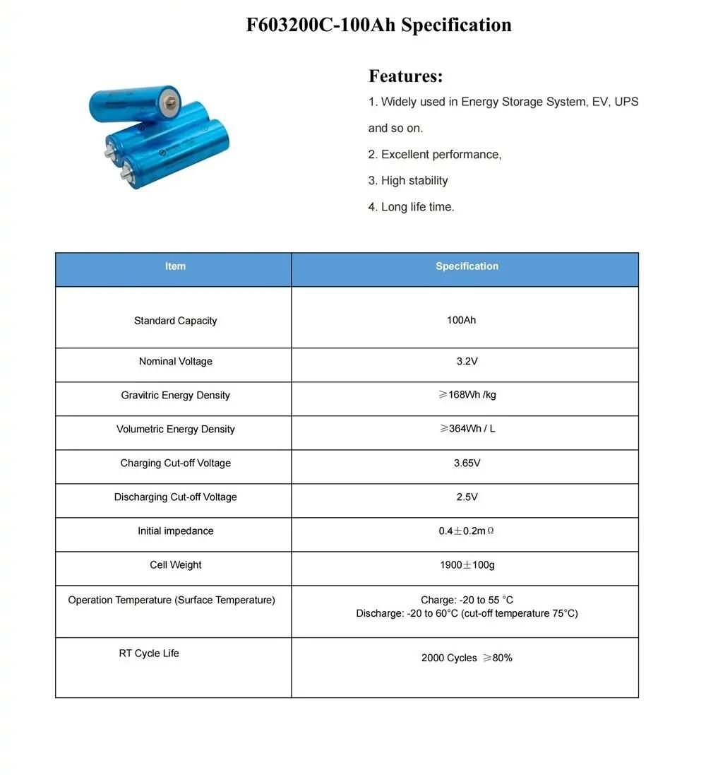 3.2V 100Ah LiFePO4 Cylindrical Battery Cell Specification