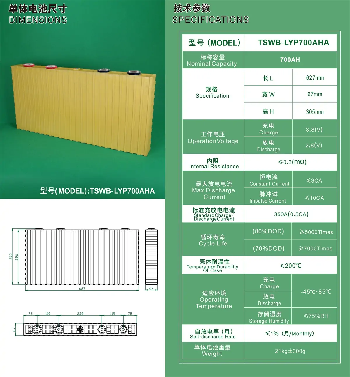Winston 3.2V 700Ah LiFeYPO4 Battery Specification