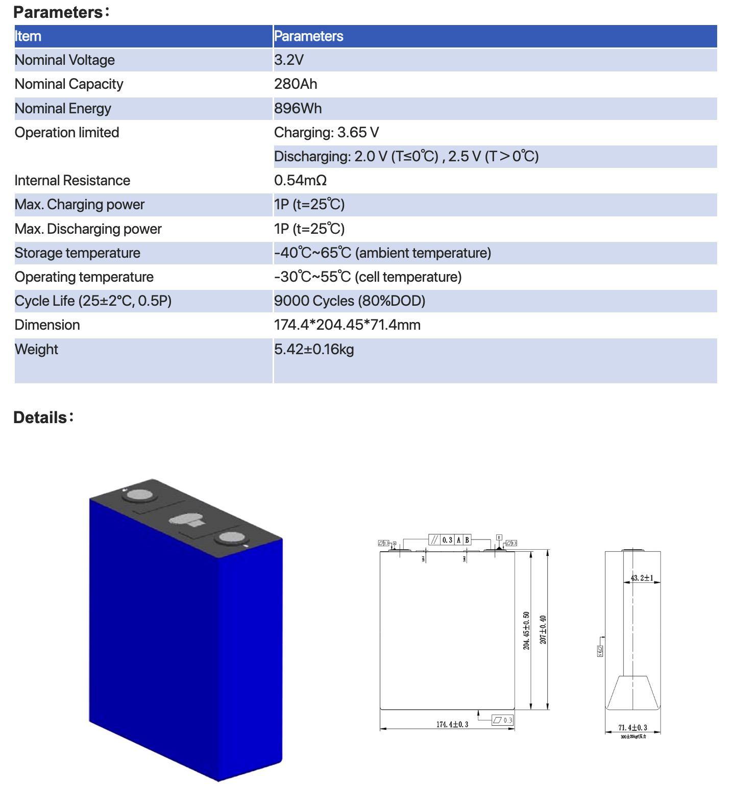CALB 3.2V 280Ah LiFePO4 Battery Specification