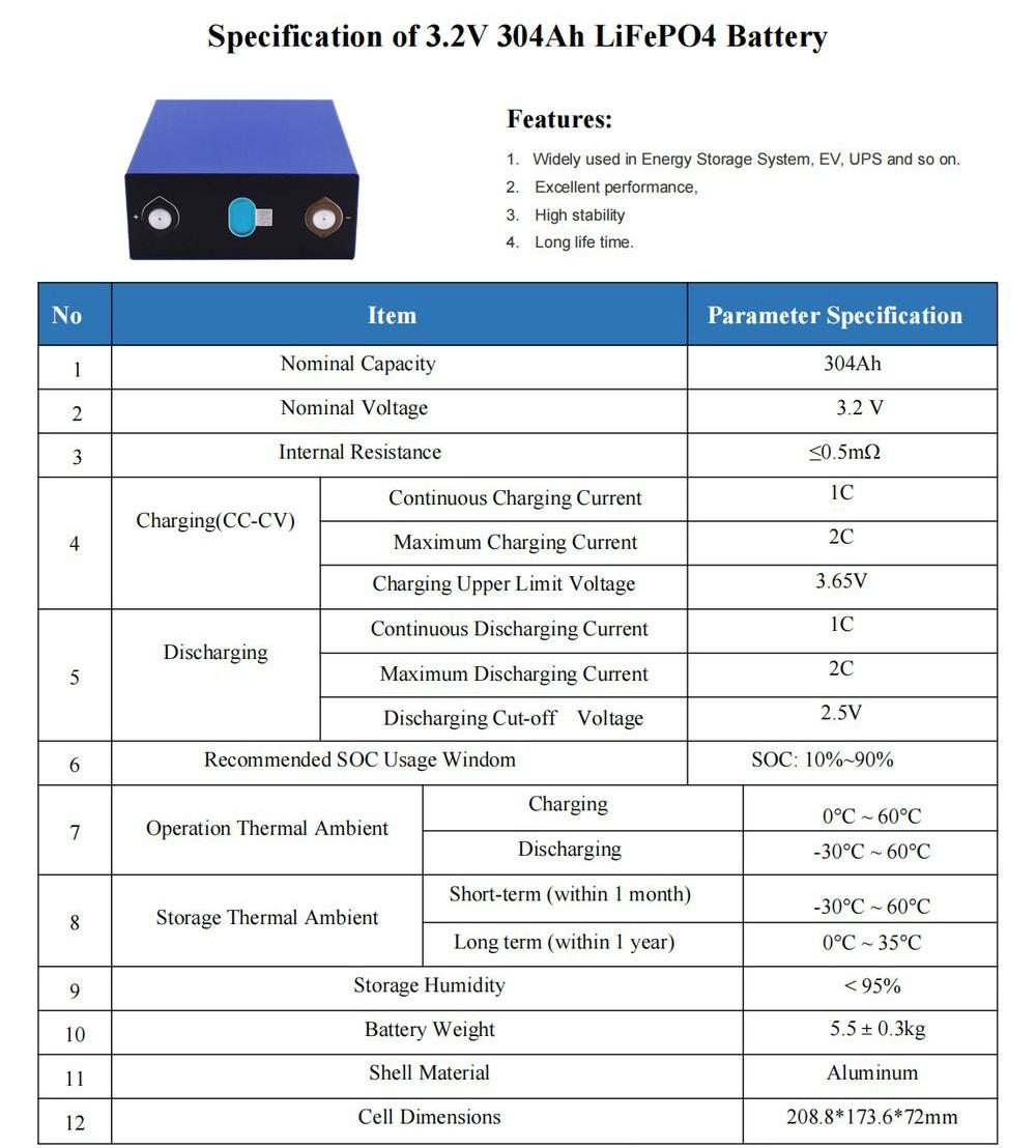 EVE 3.2V 304Ah LiFePO4 Battery Specification