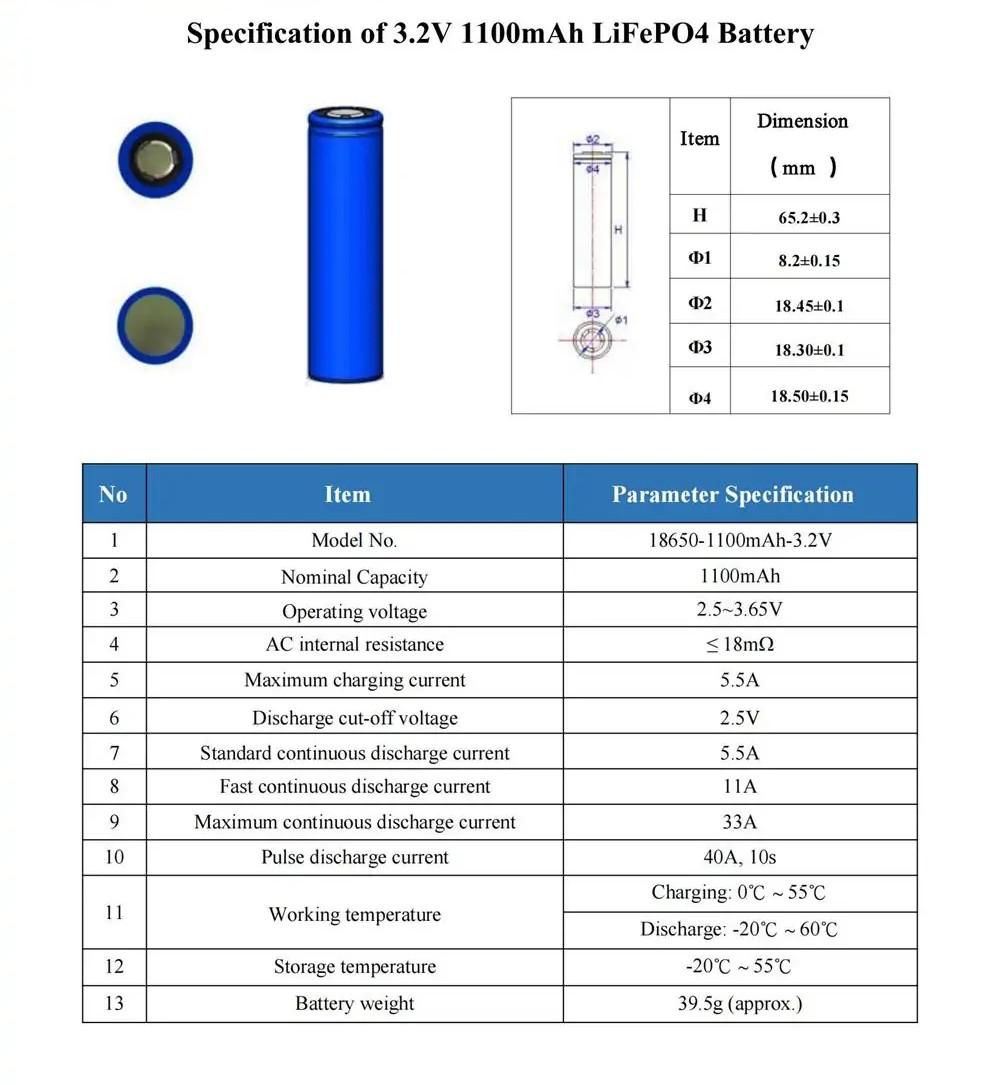 3.2V 1100mAh 18650 LiFePO4 cylindrical cell specification