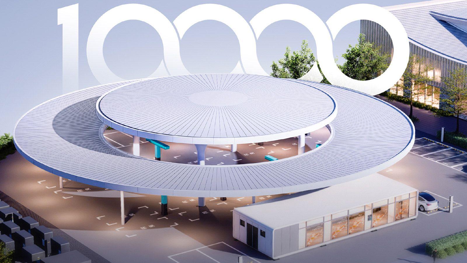 A rendering of BYD's Longhua flagship flash-charging station in Shenzhen, where the company will mark the completion of its 10,000th station on August 28, 2026.