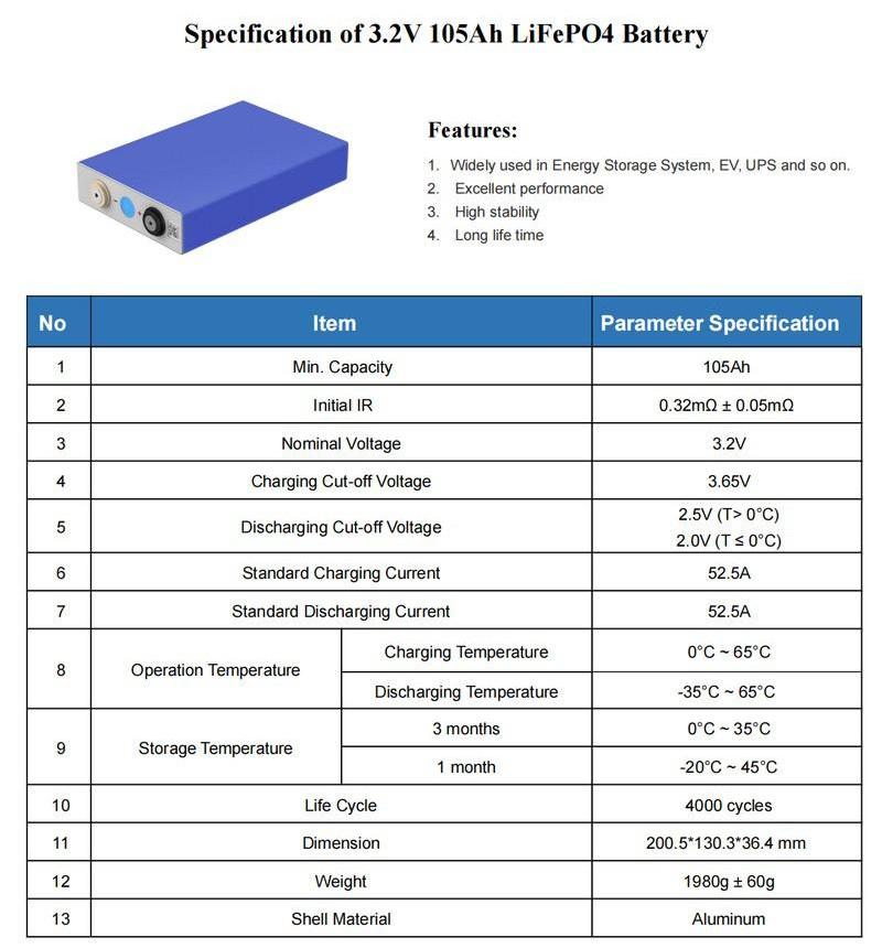 EVE 3.2V 105Ah LiFePO4 Cell Datasheet