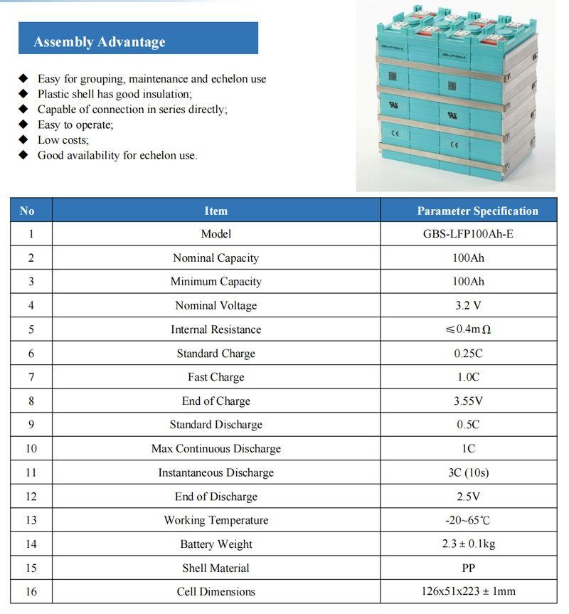 3.2V 100Ah LiFePO4 Cell Datasheet