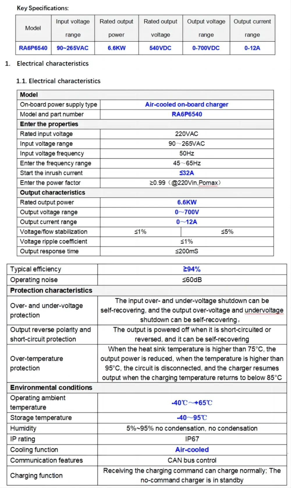6.6kW 540V Air Cooled On Board Charger Datasheet