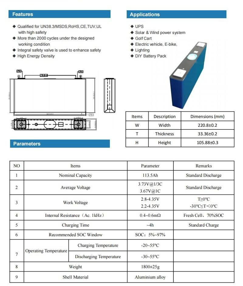 CALB 3.7V 113Ah NCM Cell Datasheet
