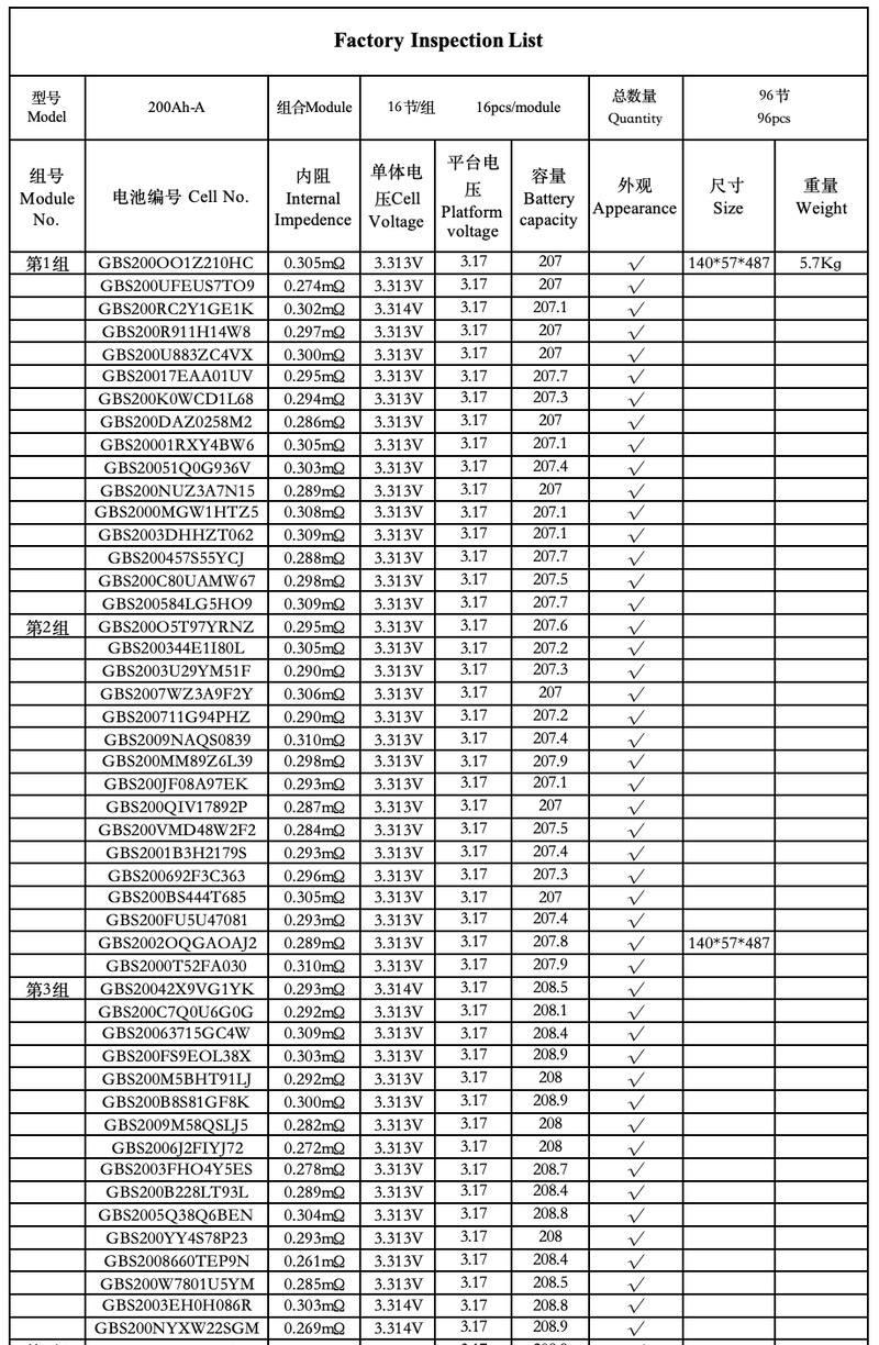 GBS 3.2V 200Ah LiFePO4 Battery Cell Factory Inspection List