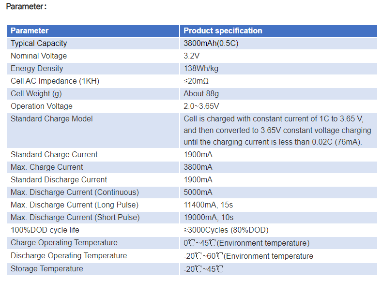 3.2V 3800mAh 26650 LiFePO4 Battery Cell Datasheet