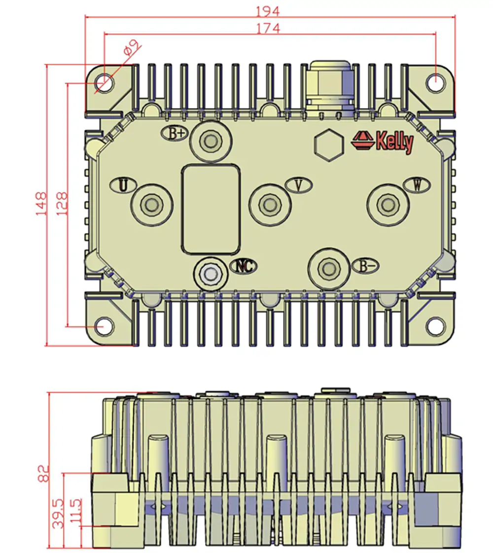 Kelly KLS8470NE 84V 450A controller dimensions