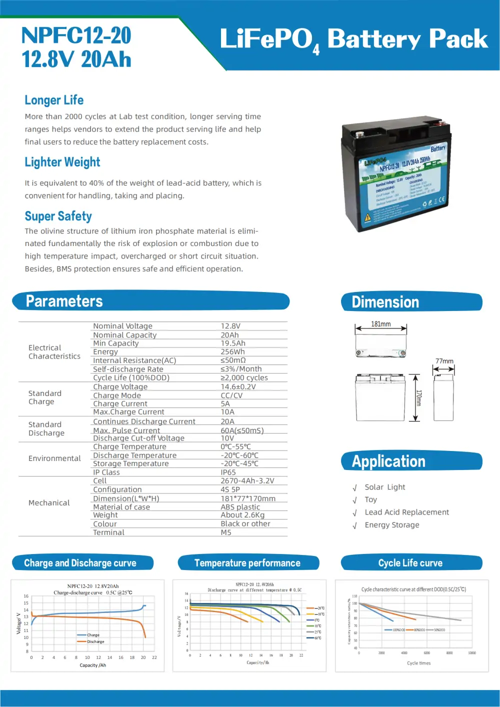 12.8V 20Ah LiFePO4 Battery Pack Specifications