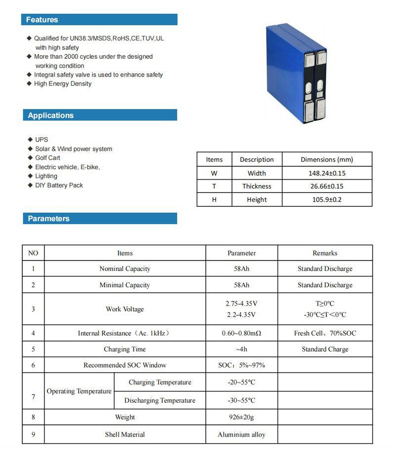 3.7V 58Ah NMC battery cell datasheet