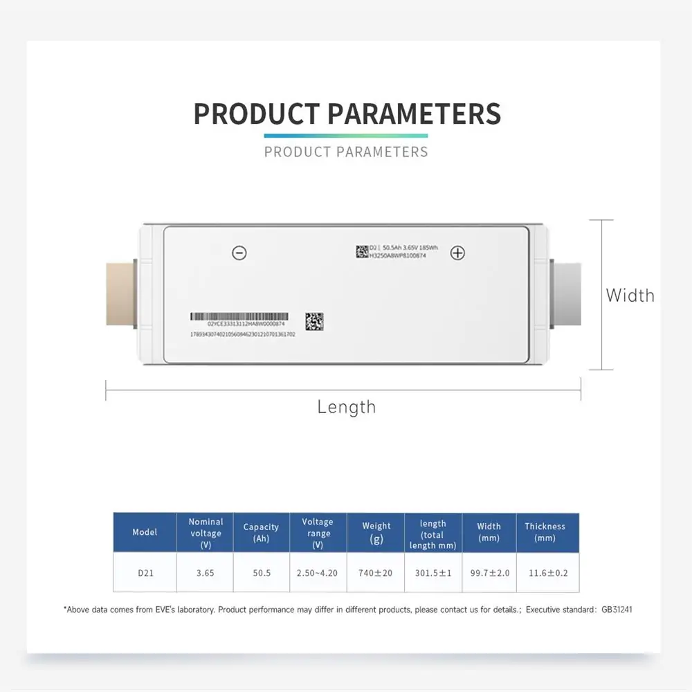 EVE 3.65V 50.5Ah NMC pouch cell dimensions