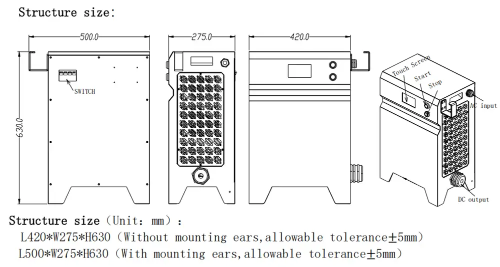 6kW 48V 100A Forklift Battery Charger Dimensions