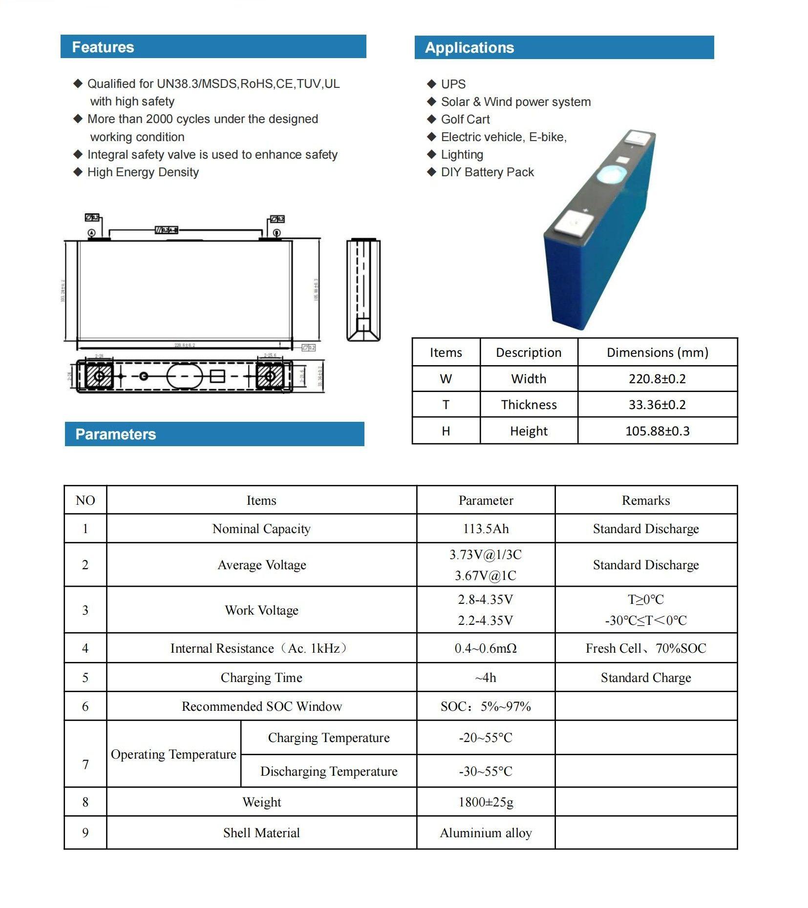 CALB 3.7V 113Ah NMC Cell Datasheet