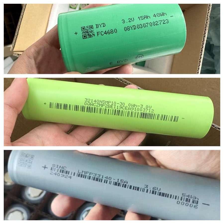 BYD 4680 3.2V 15Ah LiFePO4 cell, 3V 10Ah 32140 sodium-ion cell, and 3.6V 15Ah 33140 LMFP cell