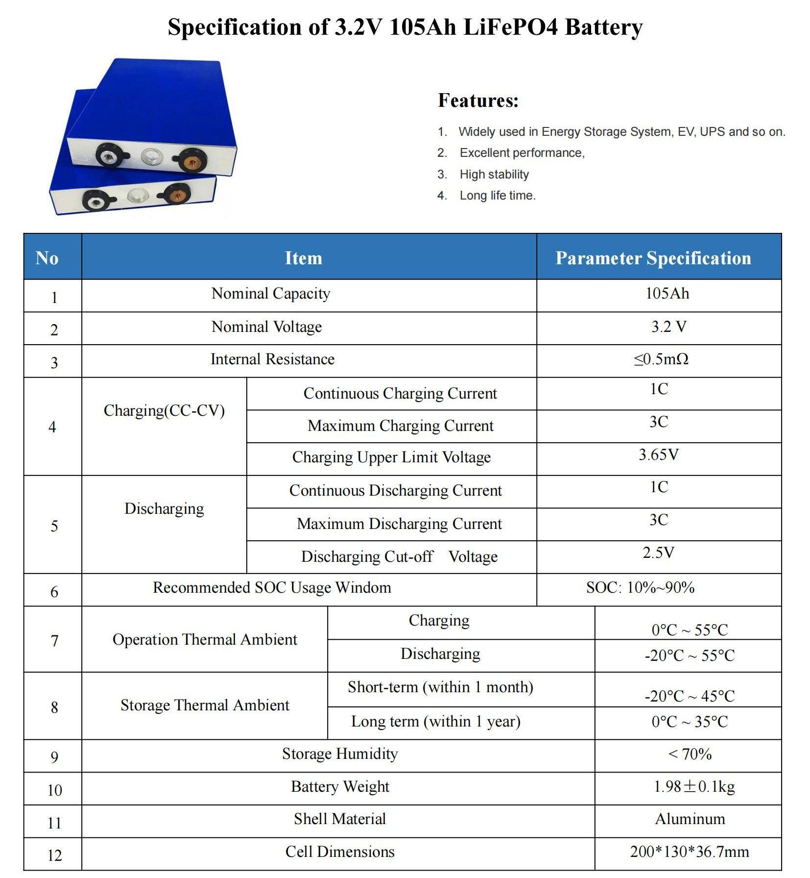 EVE 3.2V 105Ah lithium battery datasheet