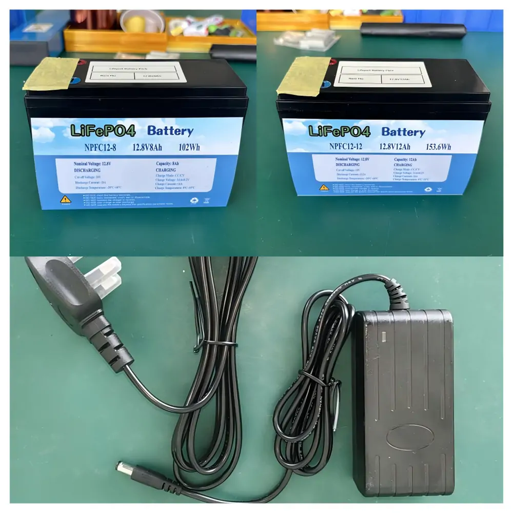 12.8V 8Ah LiFePO4 battery pack, 12.8V 12Ah LiFePO4 battery pack, and 14.6V 2A charger