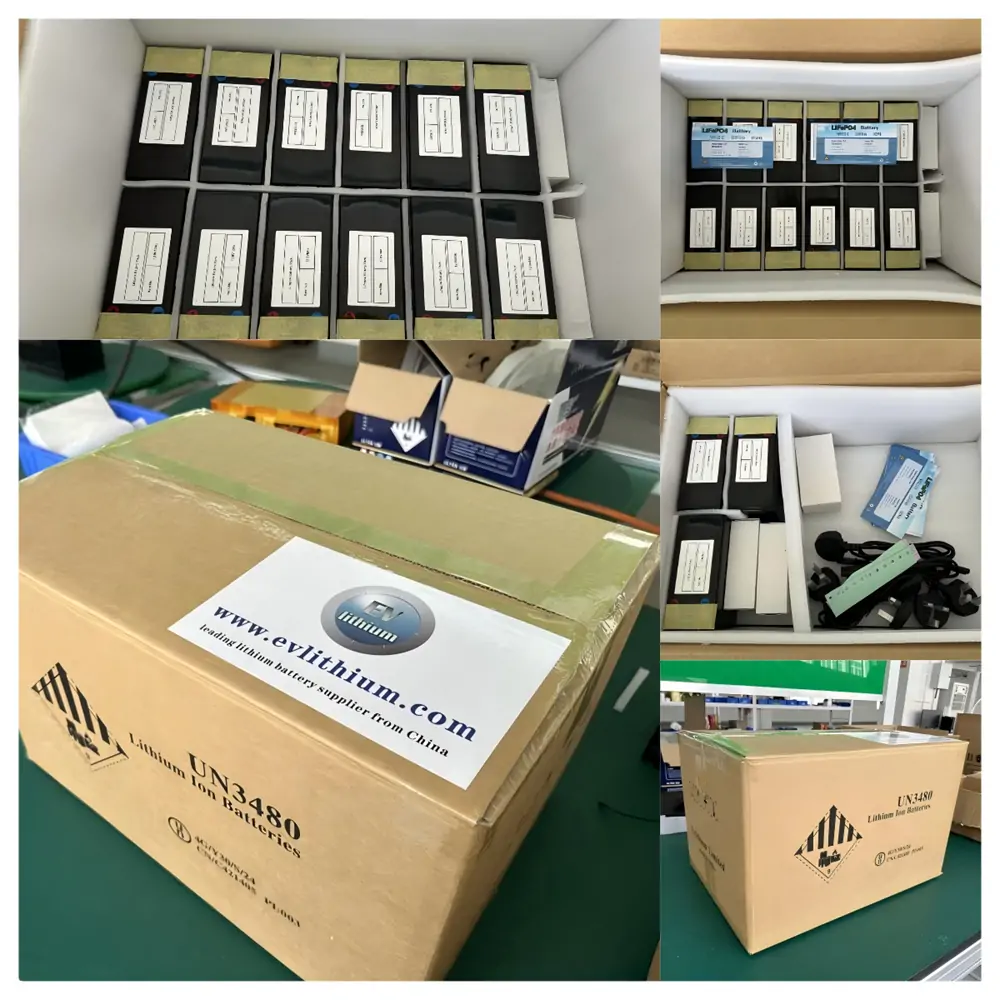 12.8V 8Ah LiFePO4 battery pack, 12.8V 12Ah LiFePO4 battery pack, and 14.6V 2A charger packing details
