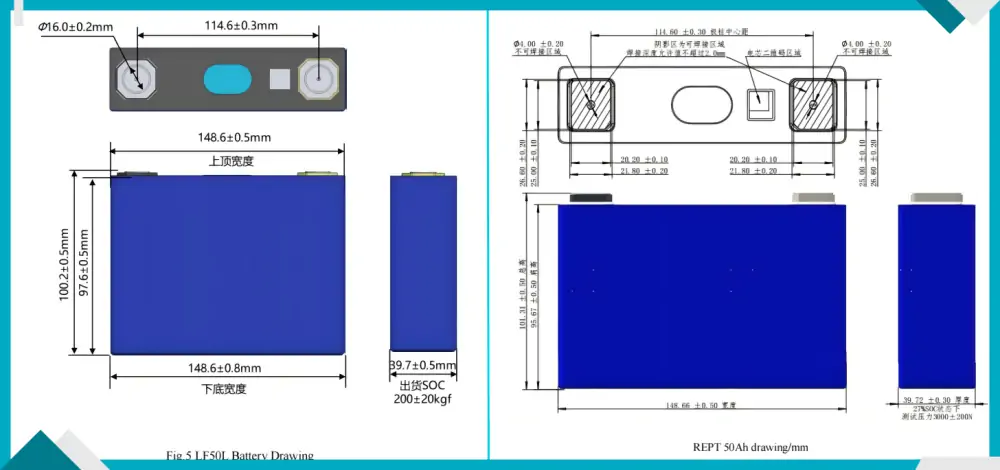 EVE LF50L 3.2V 50Ah LiFePO4 Cell Dimensions and REPT 3.2V 50Ah LiFePO4 Cell Dimensions